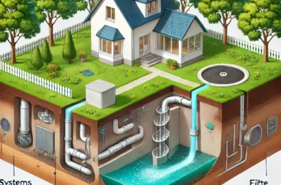 DALL·E 2025 02 23 21.48.04 Illustration realiste dun systeme dassainissement autonome montrant une maison individuelle avec une fosse septique et un champ depandage. La coup