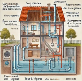 DALL·E 2025 02 23 22.20.46 Schema technique detaille du systeme devacuation des eaux usees selon les normes francaises DTU. Illustration en coupe dune maison avec les canalisa