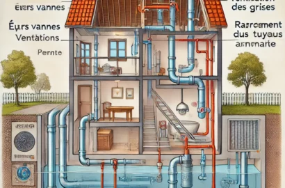 DALL·E 2025 02 23 22.20.46 Schema technique detaille du systeme devacuation des eaux usees selon les normes francaises DTU. Illustration en coupe dune maison avec les canalisa